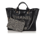 Chanel Large Black Leather Calfskin and Tweed Deauville Tote