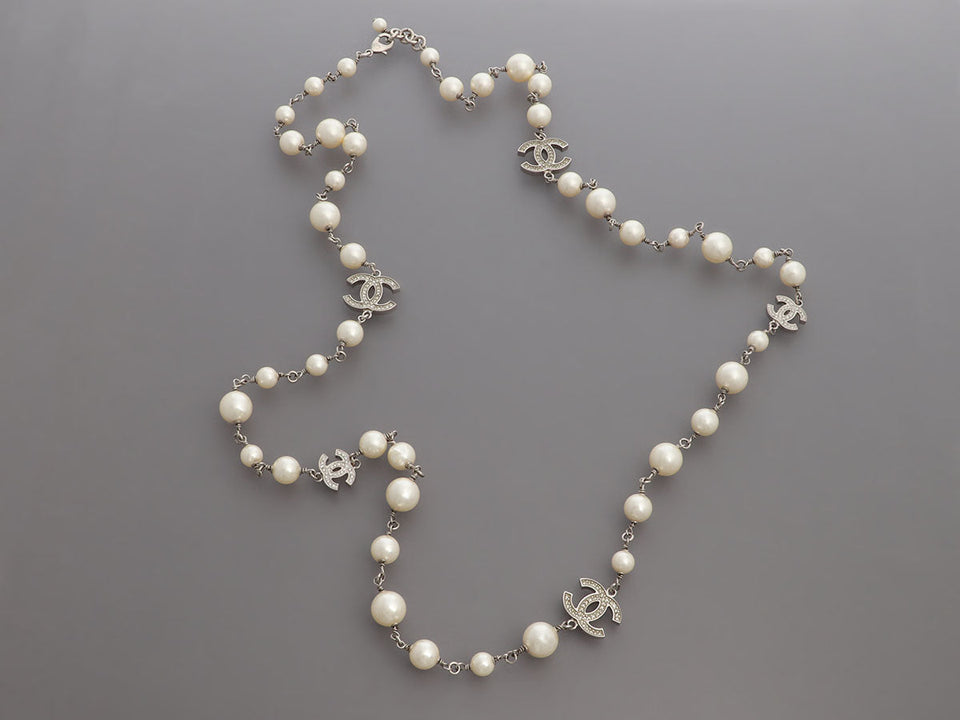 Chanel Long Pearl and Crystal Logo Necklace