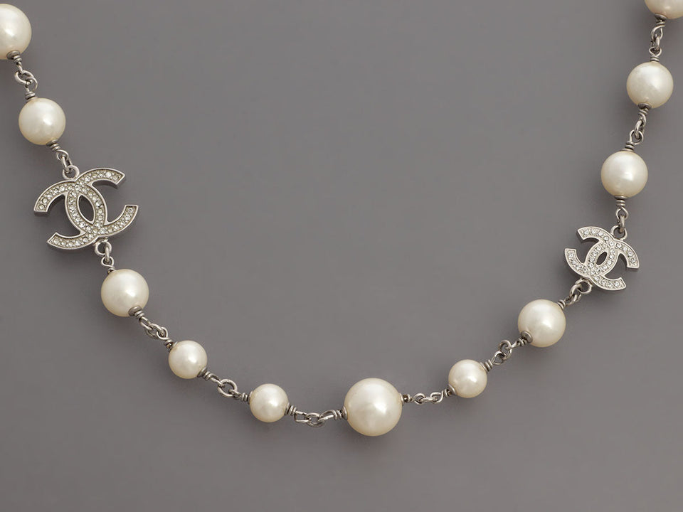 Chanel Long Pearl and Crystal Logo Necklace