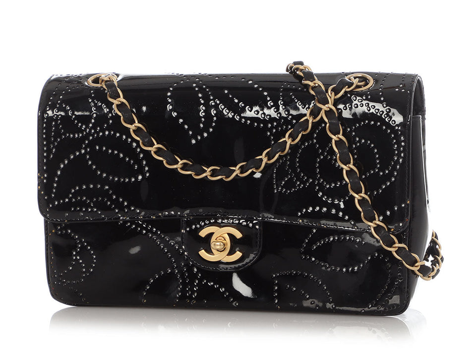 Chanel Vintage Black Perforated Patent Camellia Flap