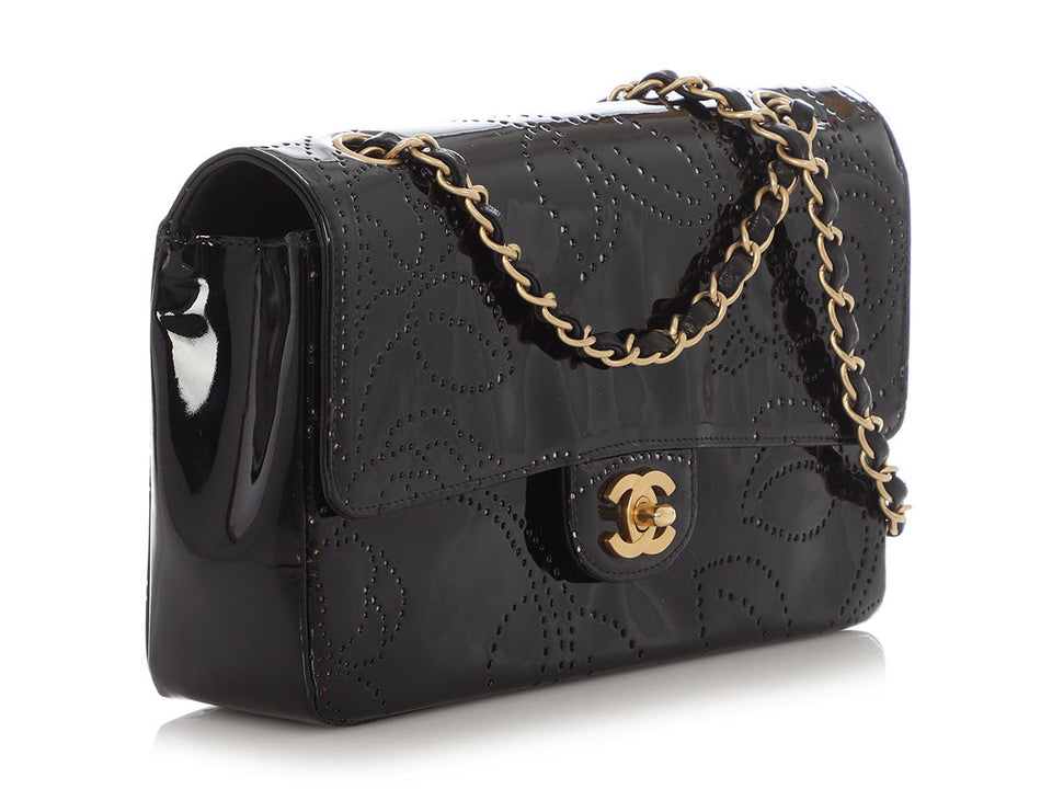 Chanel Vintage Black Perforated Patent Camellia Flap