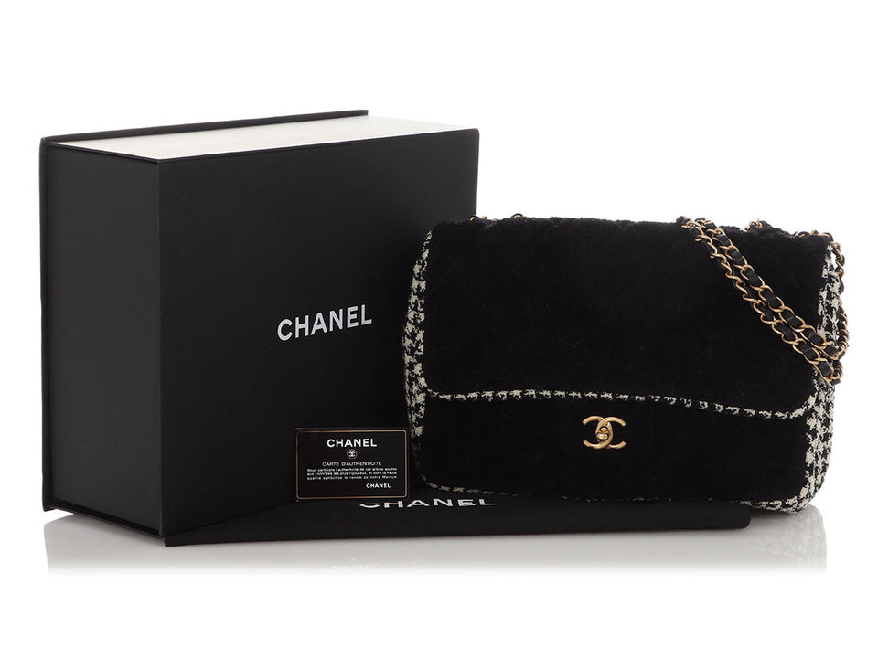 Chanel Jumbo Black Shearling and Houndstooth Single Flap