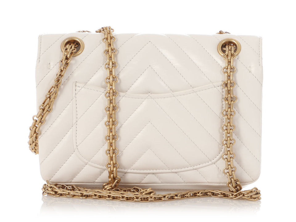 Chanel Mini White Chevron-Quilted Aged Calfskin Reissue 2.55