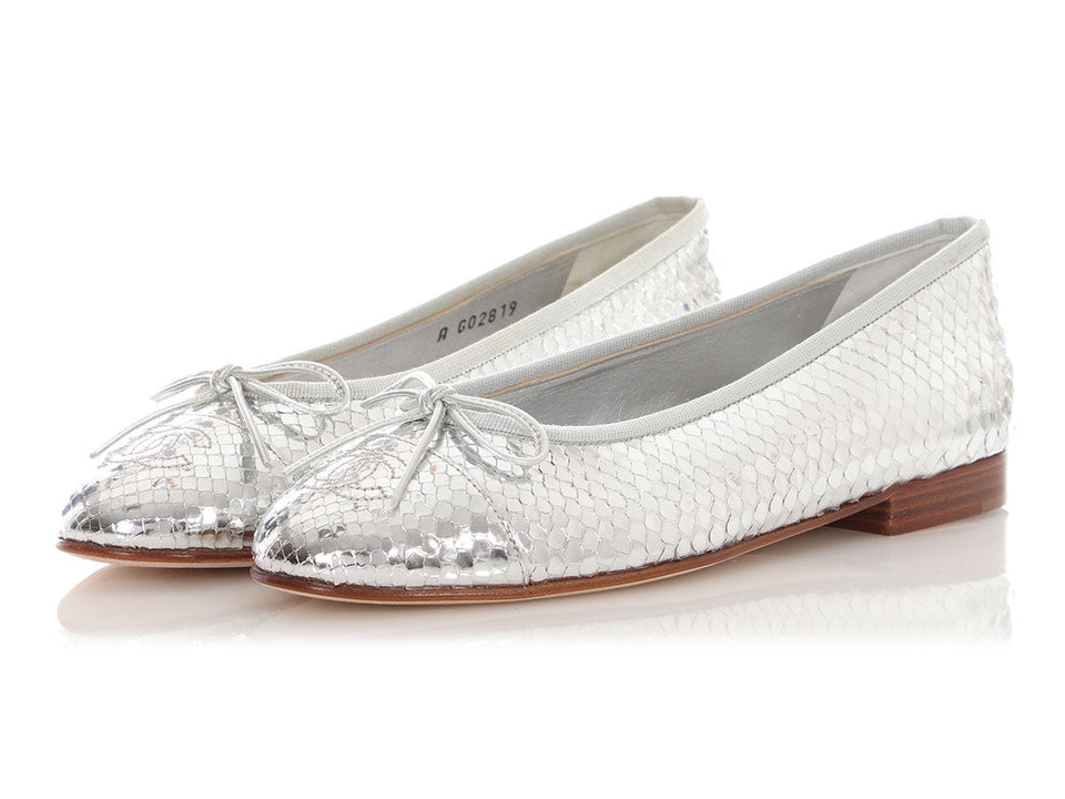 Chanel Silver Mirror Effect Python Ballet Flats