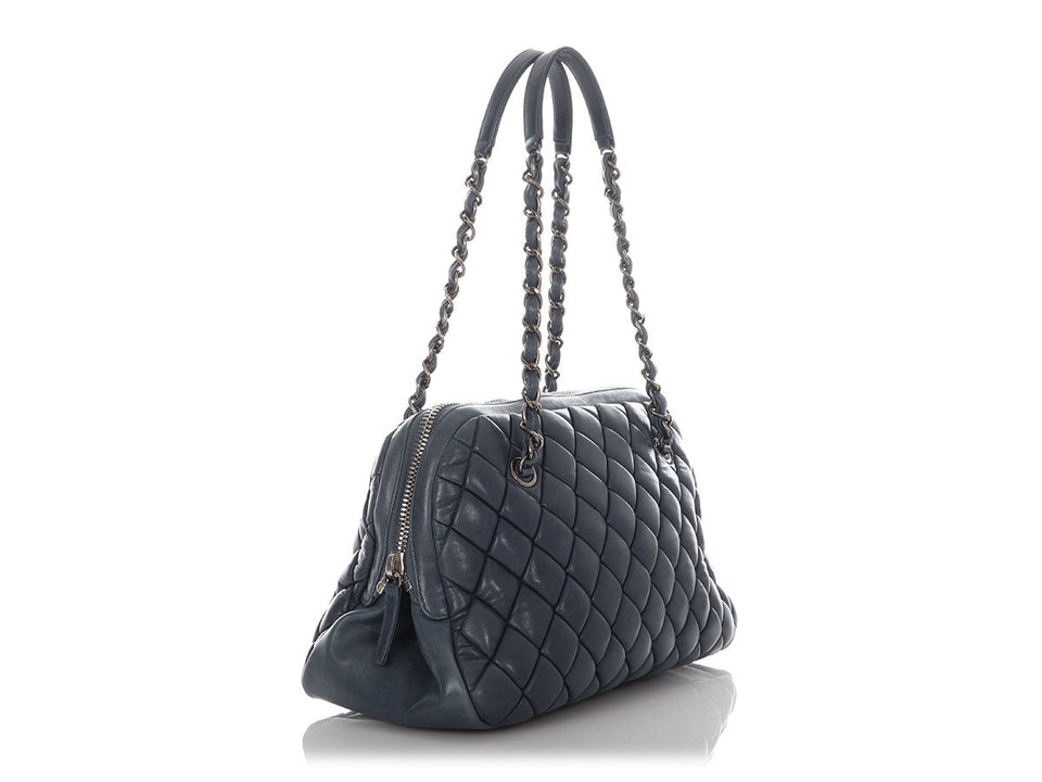 Chanel Dark Grey Blue Quilted Lambskin Bowler Bag