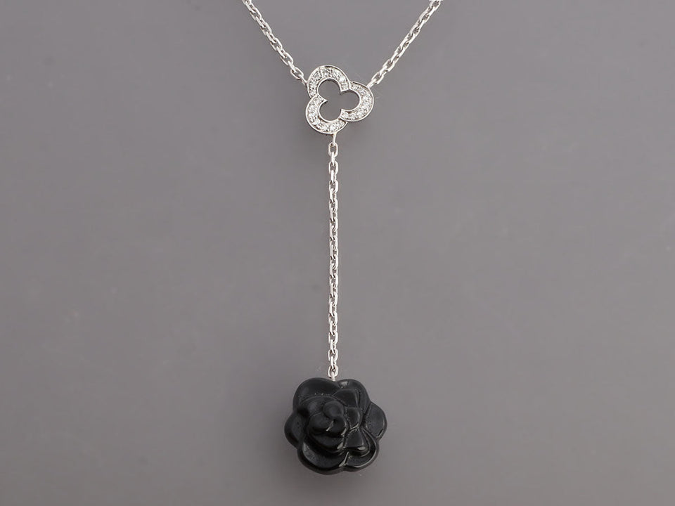 Chanel 18K White Gold Diamond and Black Onyx Camélia Sculpté Drop Necklace