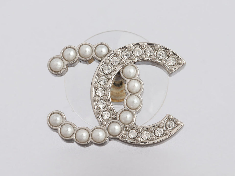 Chanel Crystal and Pearl Logo Pierced Earrings