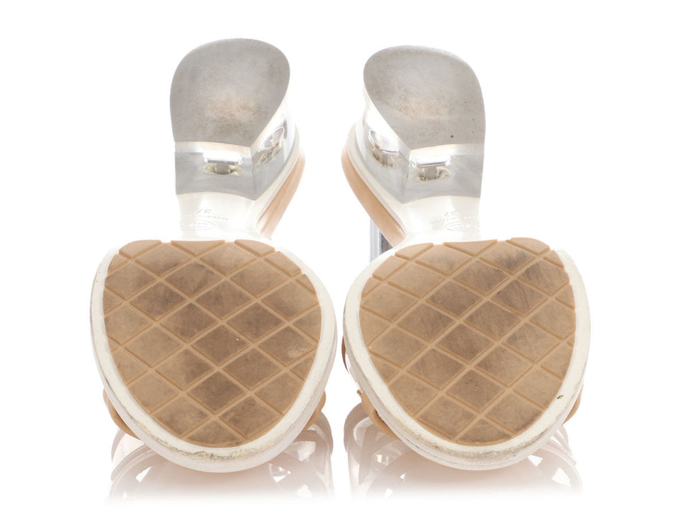 Chanel Beige Leather and PVC Slide Sandals