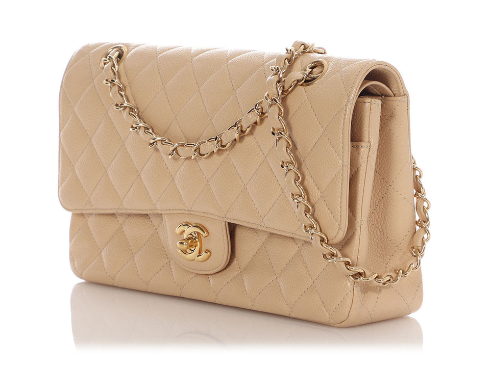 Chanel Medium/Large Light Beige Quilted Caviar Classic Double Flap