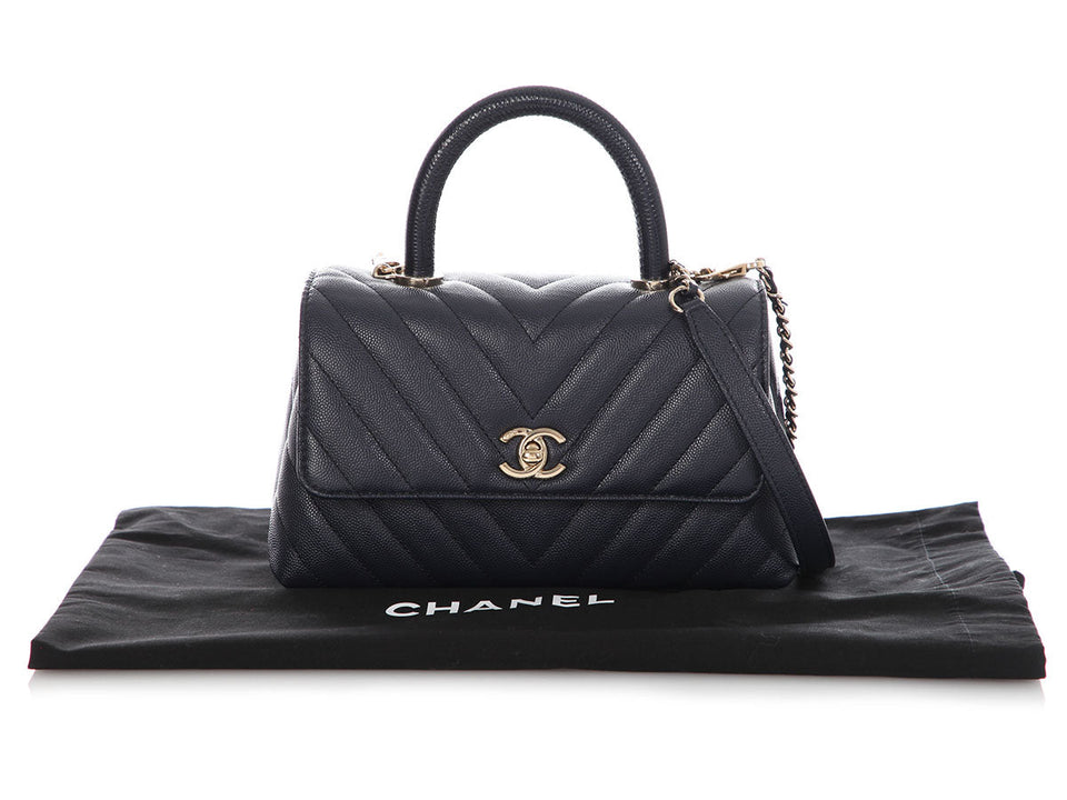 Chanel Mini Navy Chevron-Quilted Caviar and Lizard Coco Handle