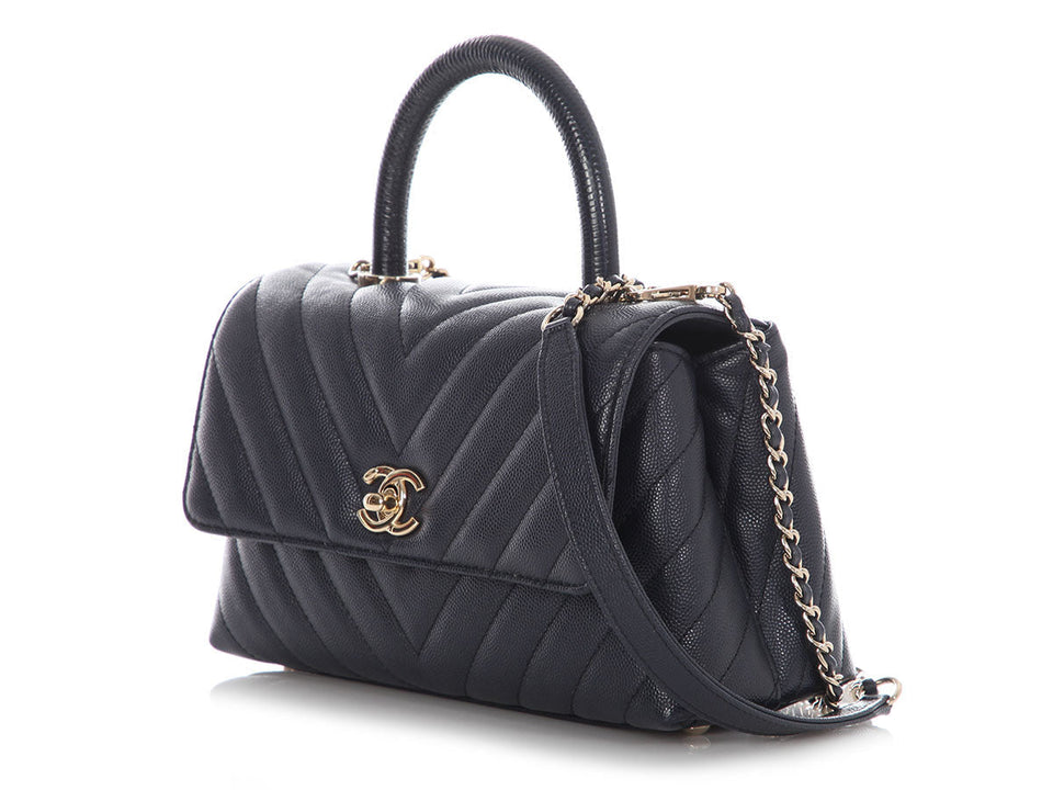 Chanel Mini Navy Chevron-Quilted Caviar and Lizard Coco Handle