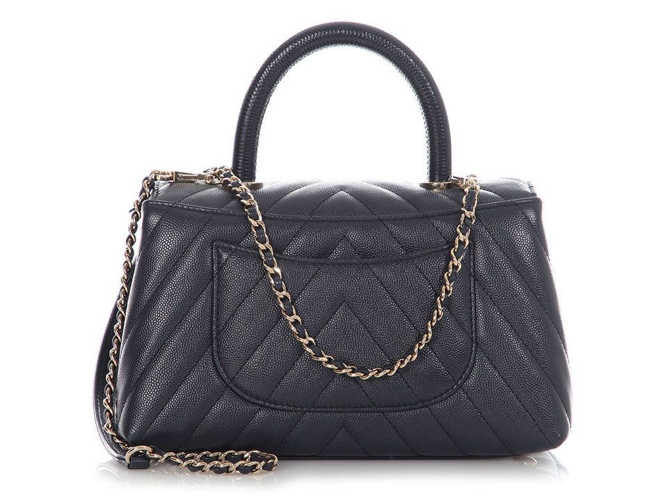 Chanel Mini Navy Chevron-Quilted Caviar and Lizard Coco Handle