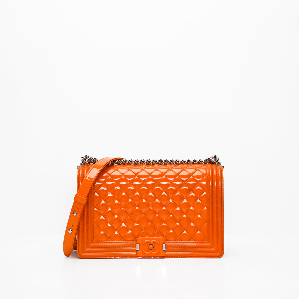 Chanel Patent Skin Quilted New Medium Le Boy Flap Orange