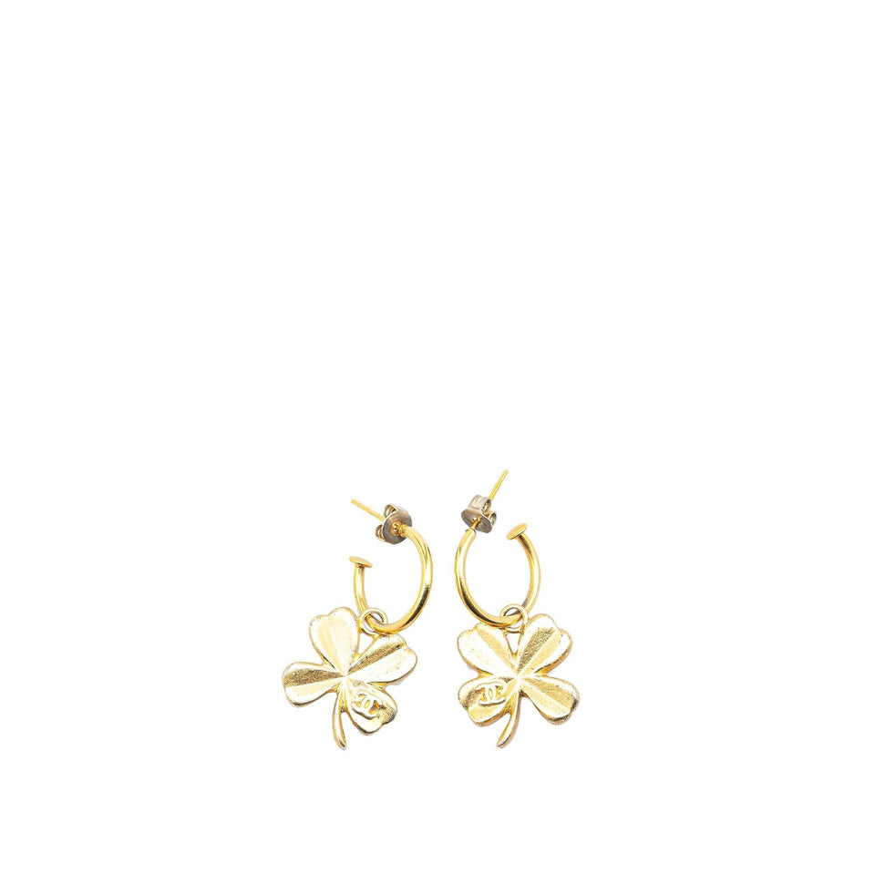 Chanel Gold Plated Clover Hoop Push Back Earrings