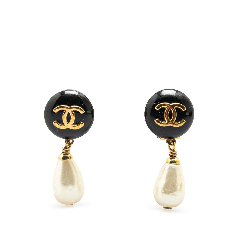 Chanel Gold Plated Faux Pearl CC Drop Clip On Earrings