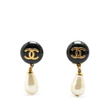 Chanel Gold Plated Faux Pearl CC Drop Clip On Earrings