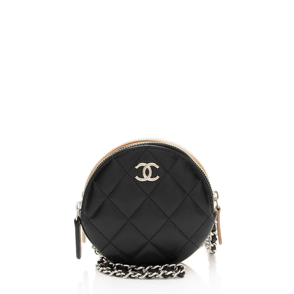 Chanel Lambskin Triple Zip Round Clutch with Chain