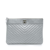 Chanel Large Chevron Metallic Lambskin Mademoiselle Zip Clutch