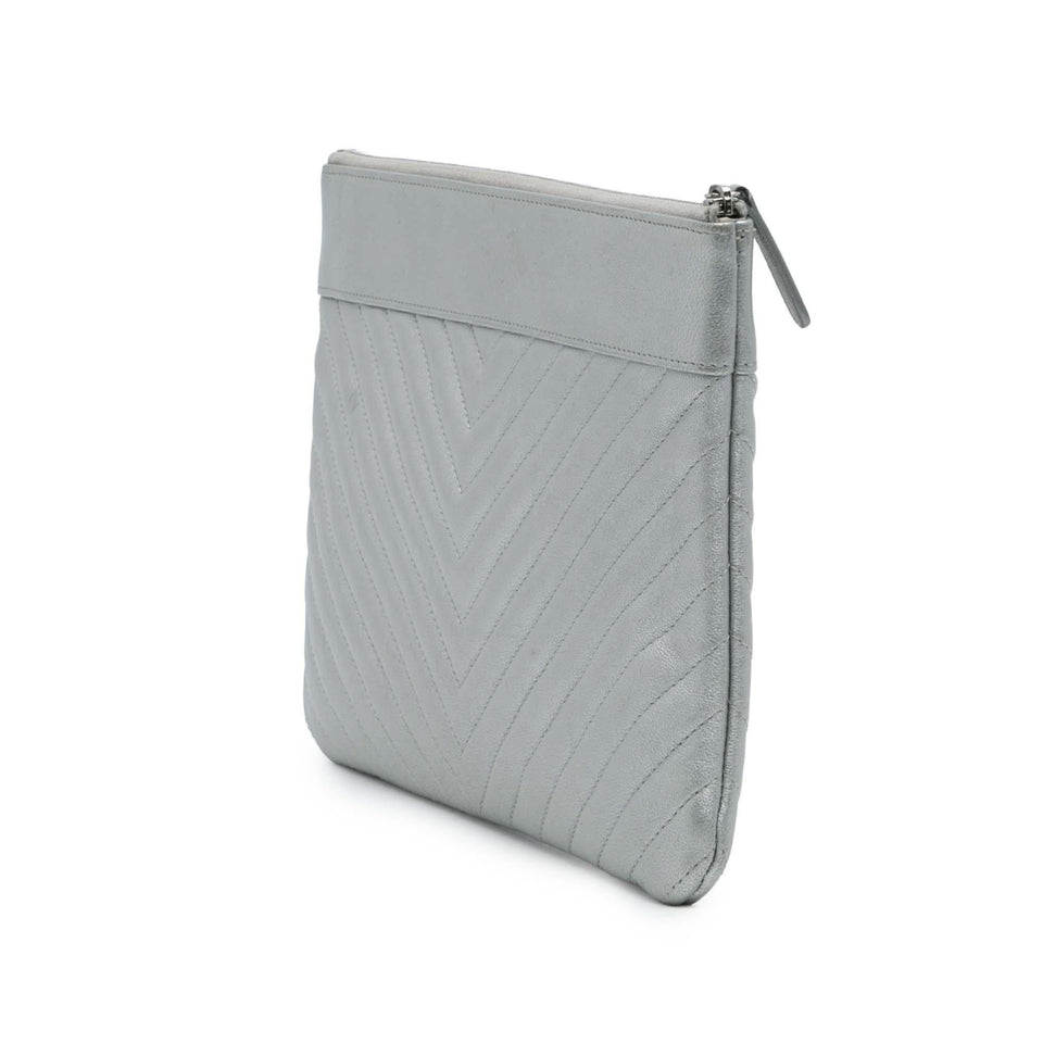 Chanel Large Chevron Metallic Lambskin Mademoiselle Zip Clutch
