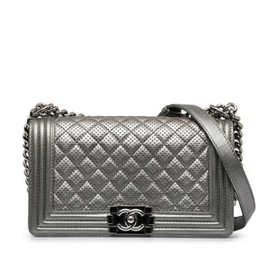 Chanel Old Medium Quilted Perforated Metallic Lambskin Boy Flap