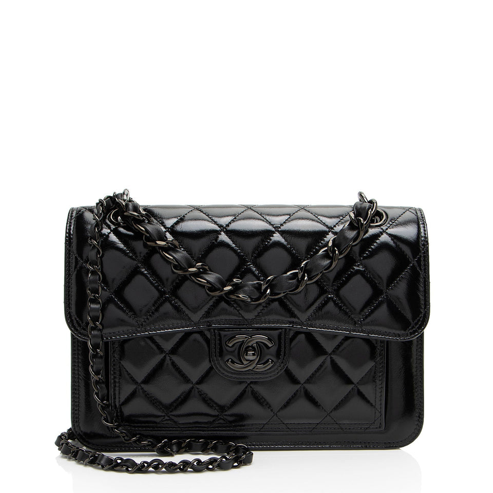 Chanel Shiny Crumpled Calfskin So Black Double You Flap Bag