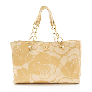 Chanel Vintage Raffia Camellia Print Chain Tote