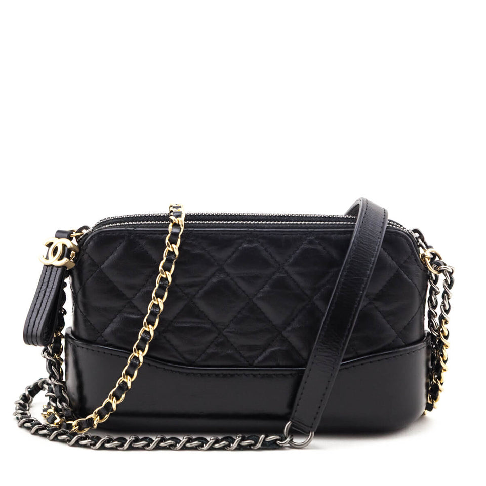 Chanel Black Aged Calfskin Quilted Small Gabrielle Clutch With Chain