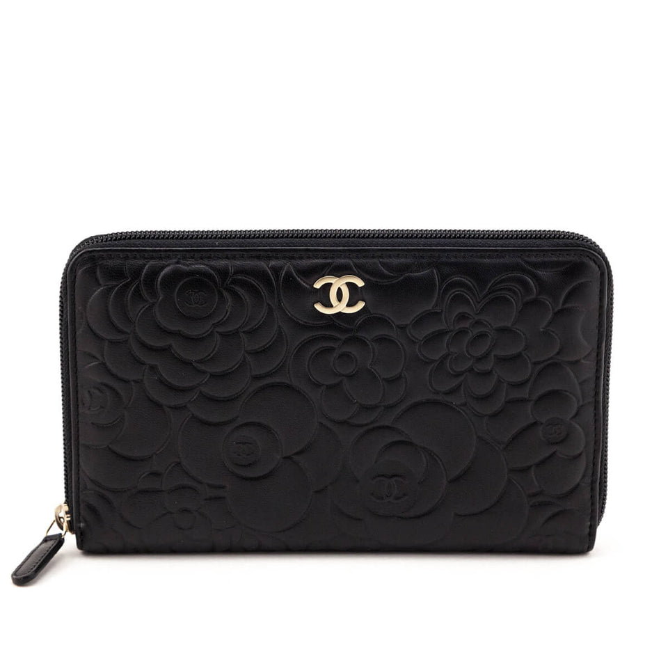 Chanel Black Camellia Embossed Lambskin Long Zip Wallet