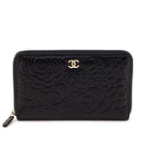 Chanel Black Camellia Embossed Lambskin Long Zip Wallet