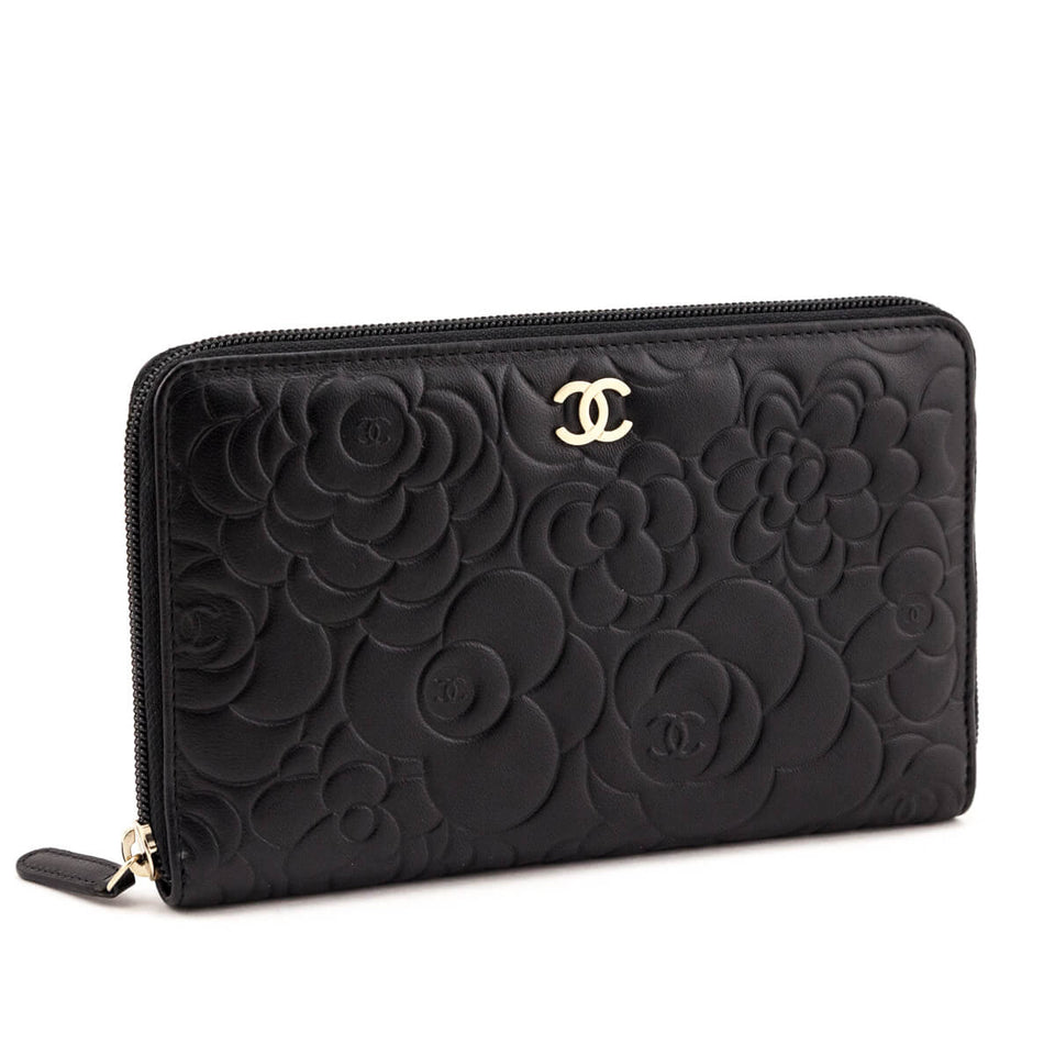 Chanel Black Camellia Embossed Lambskin Long Zip Wallet