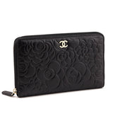 Chanel Black Camellia Embossed Lambskin Long Zip Wallet