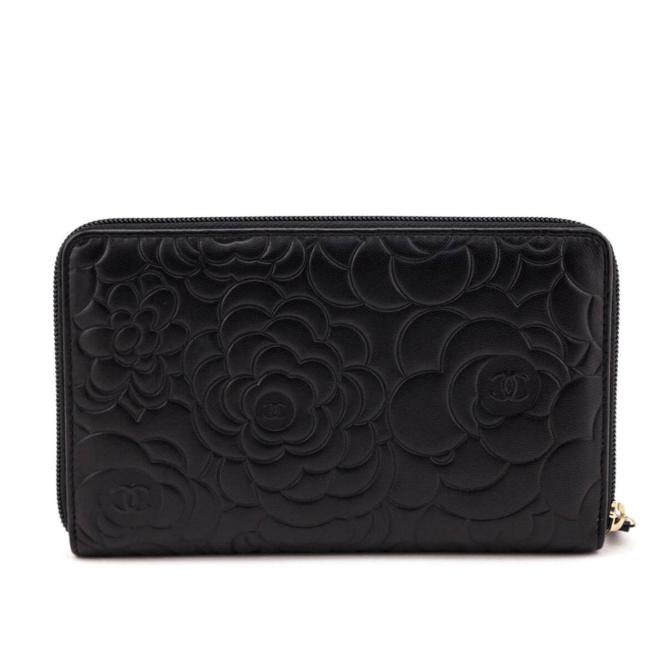 Chanel Black Camellia Embossed Lambskin Long Zip Wallet