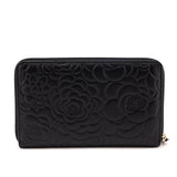 Chanel Black Camellia Embossed Lambskin Long Zip Wallet