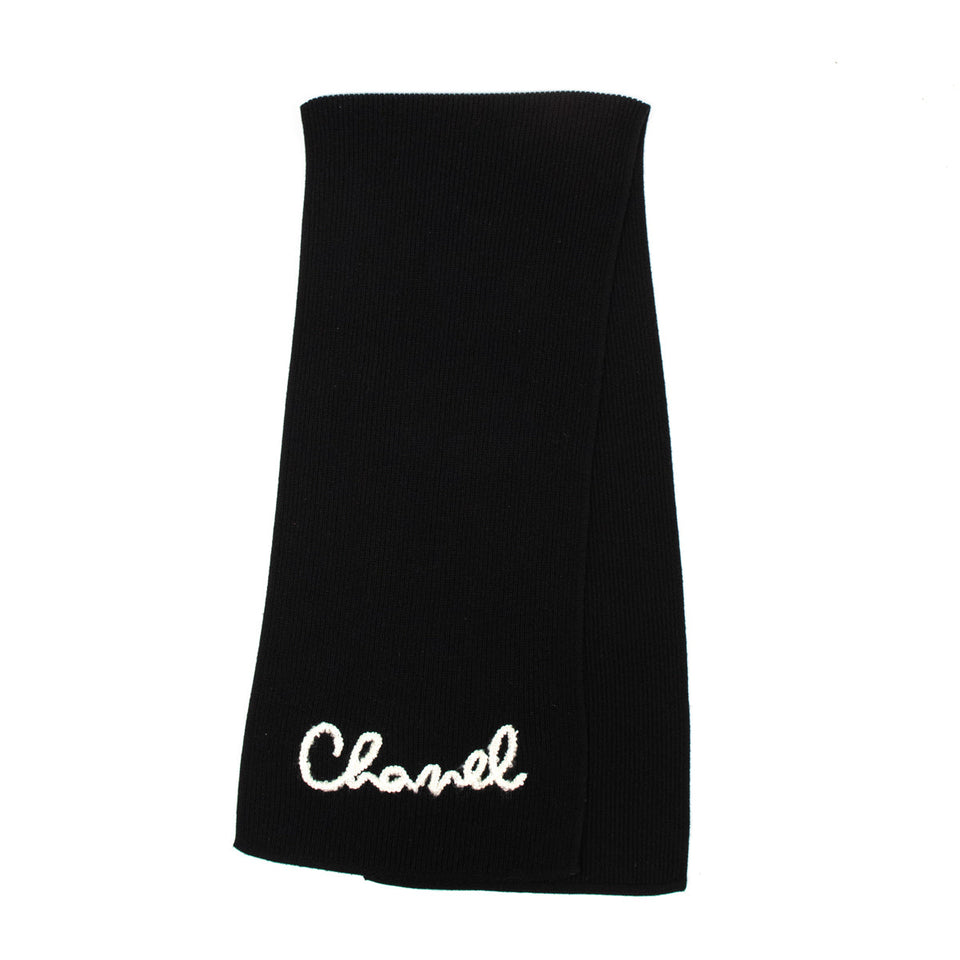 Chanel Black Cashmere Knit Pearl Embellished Logo Scarf