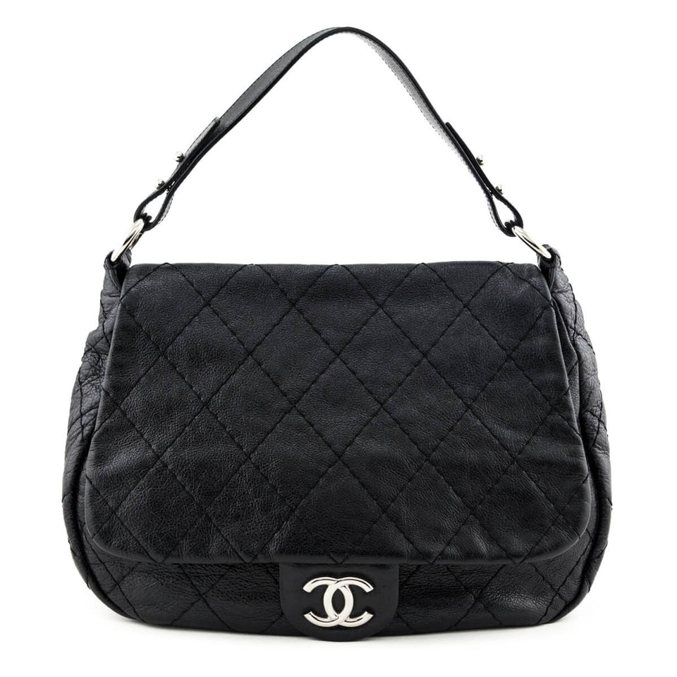 Chanel Black Glazed Calfskin Stitched XL On The Road Flap