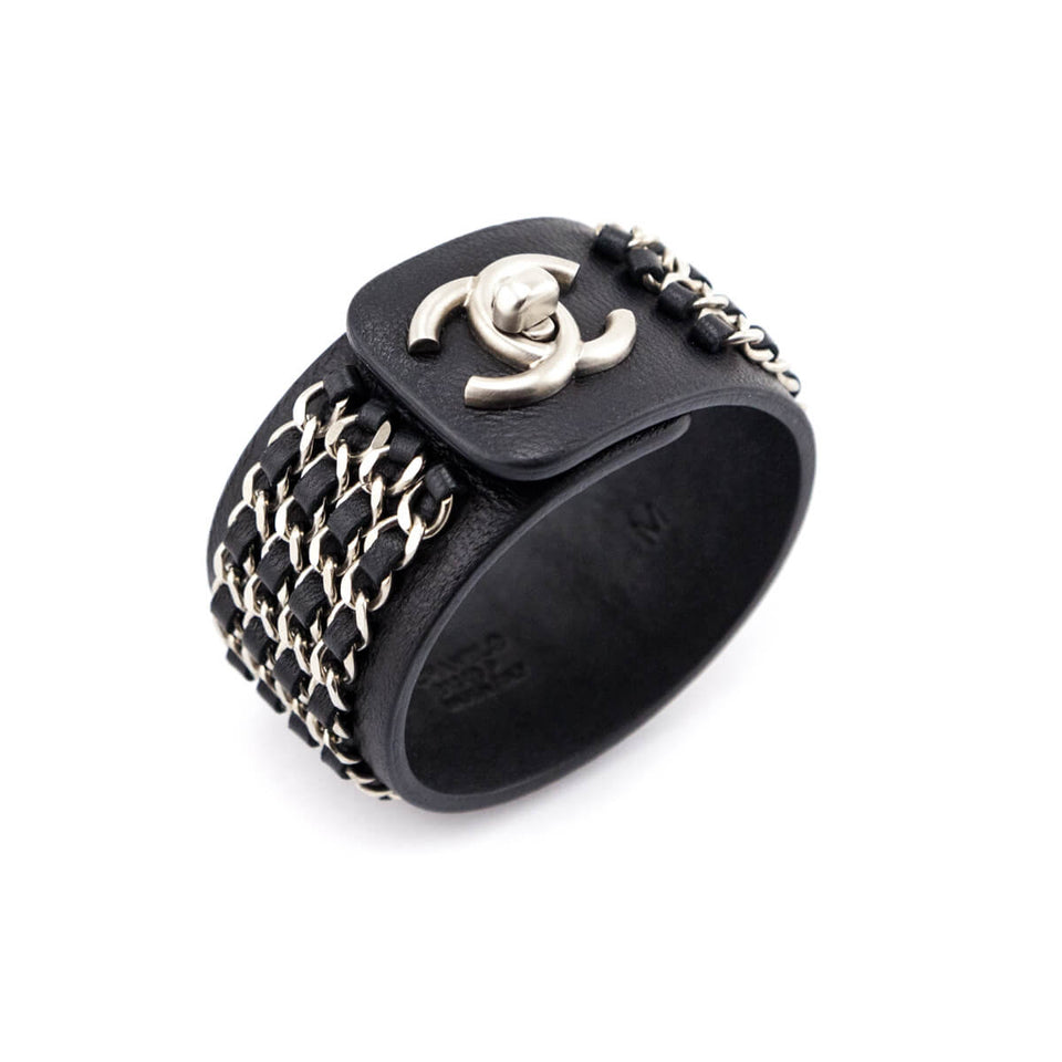 Chanel Black Leather Chain Turnlock CC Bracelet