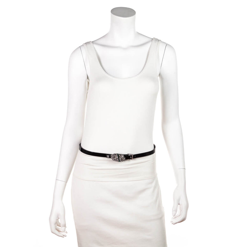 Chanel Black Patent & Strass Skinny Belt Size L