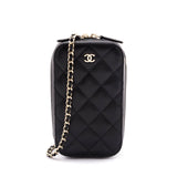 Chanel Black Quilted Caviar Zip Around Chain Phone Case