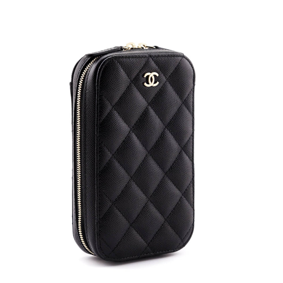 Chanel Black Quilted Caviar Zip Around Chain Phone Case