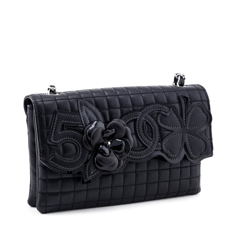 Chanel Black Quilted Lambskin Chocolate Bar Camellia No. 5 Pochette