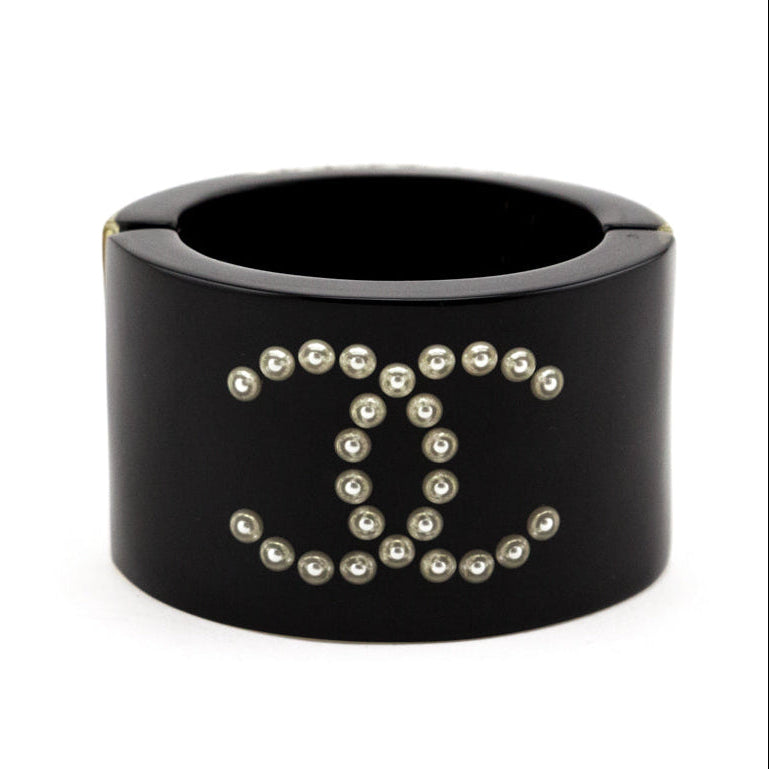 Chanel Black Resin Pearl CC Bangle Cuff
