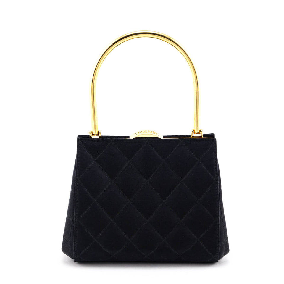 Chanel Black Satin Vintage Quilted Frame Evening Bag