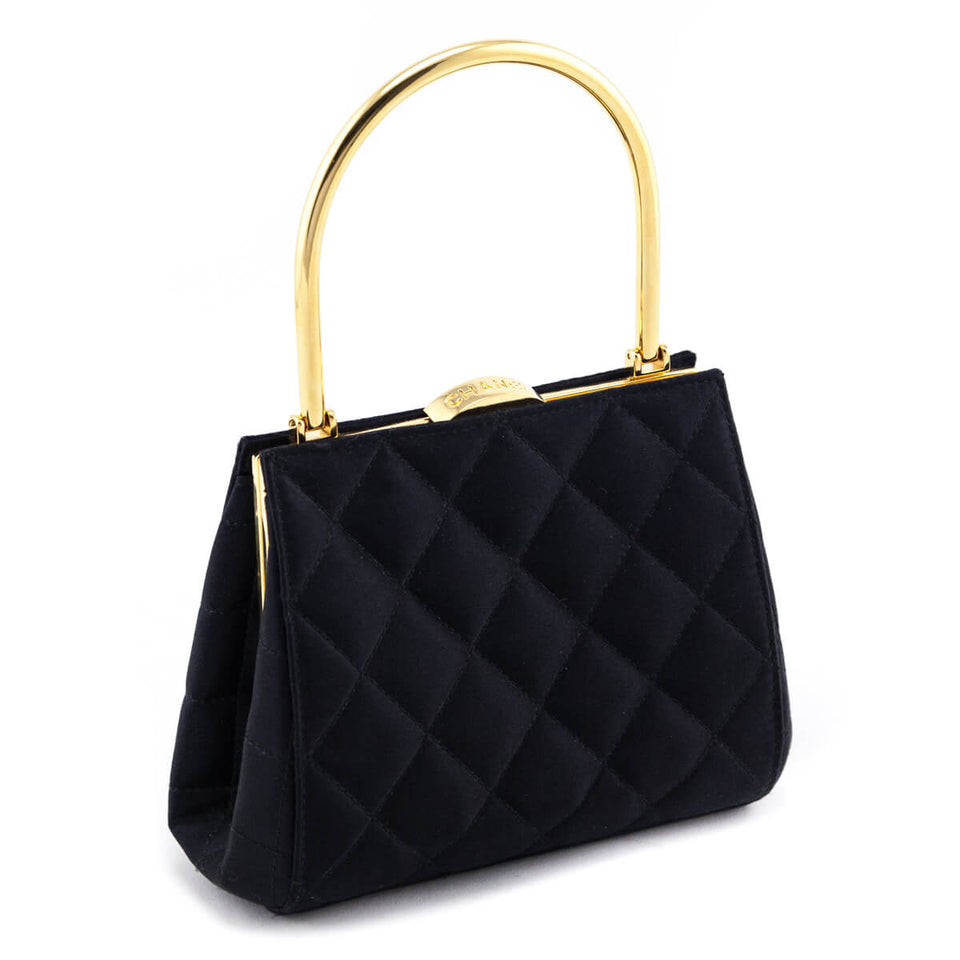 Chanel Black Satin Vintage Quilted Frame Evening Bag