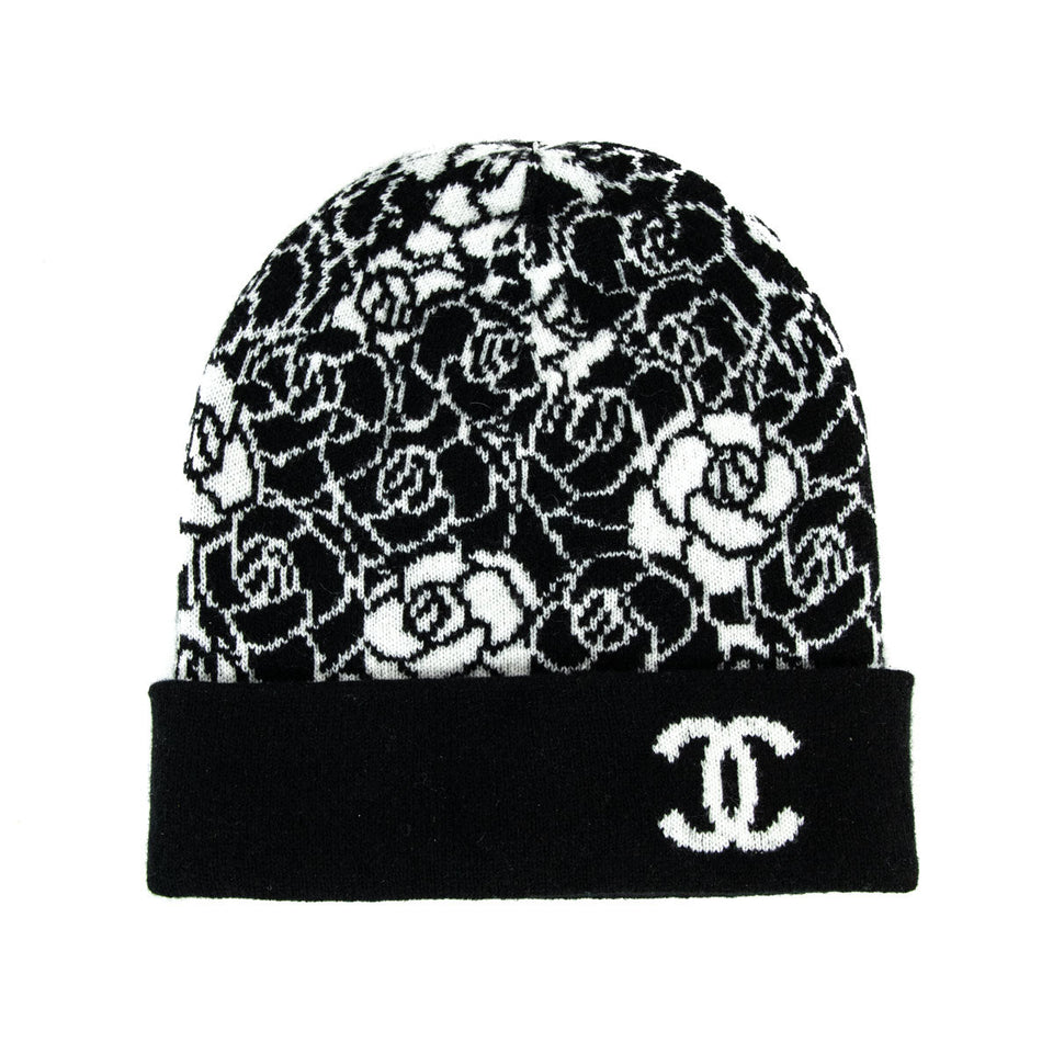 Chanel Black & White Cashmere Camellia Beanie