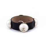 Chanel Faux Pearl & Black Leather Wrap Bracelet
