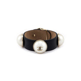 Chanel Faux Pearl & Black Leather Wrap Bracelet