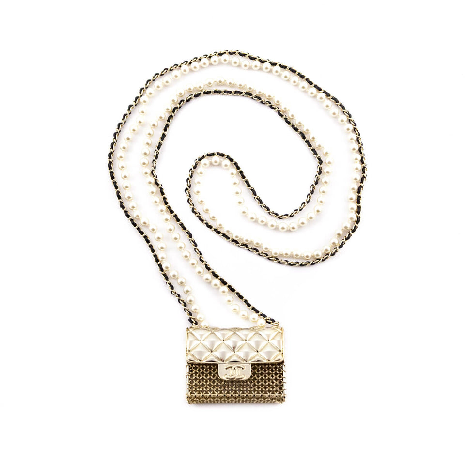 Chanel Gold-Tone & Faux Pearl Chain Flap Bag Long Necklace