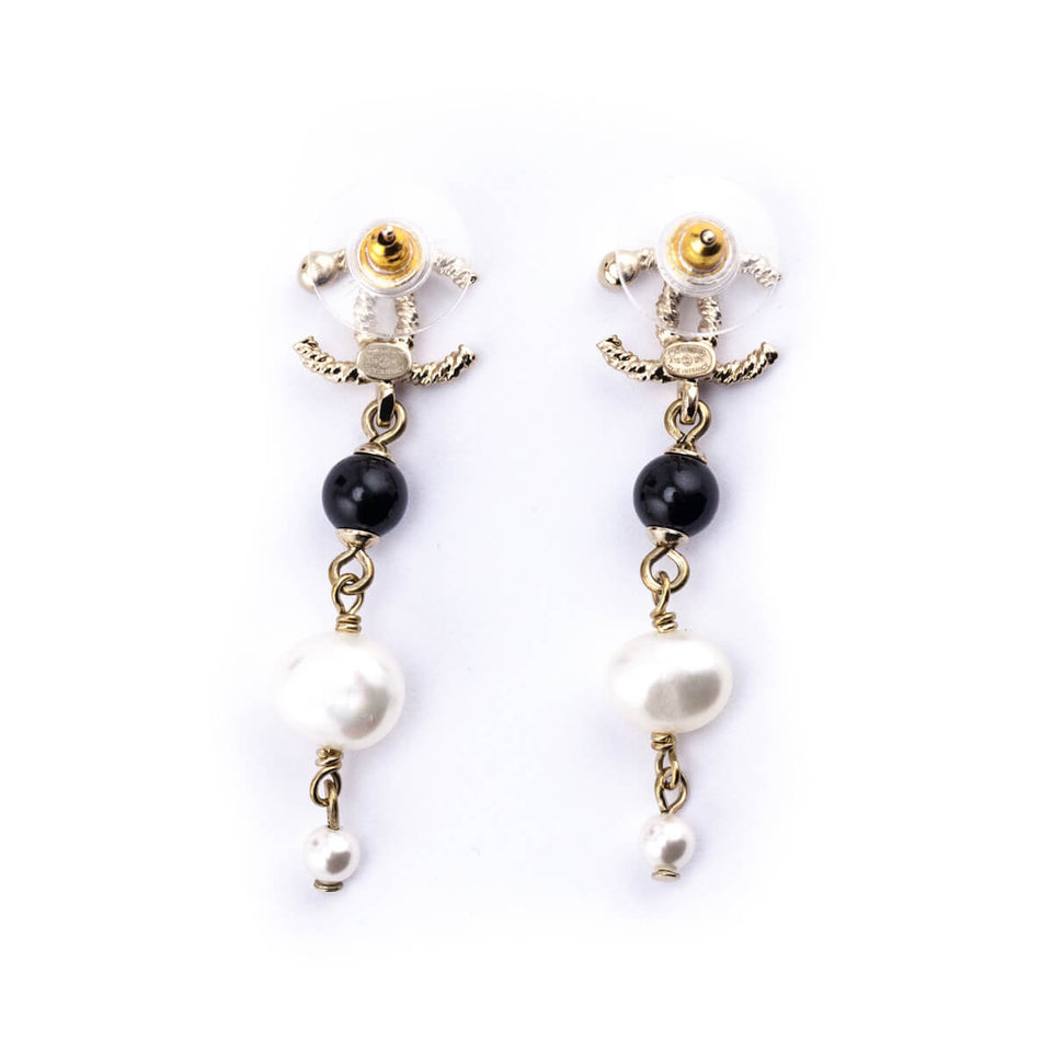 Chanel Gold Faux Pearl & Crystal Embellished CC Drop Earrings