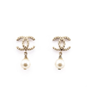 Chanel Gold Tone CC Faux Pearl Drop Earrings