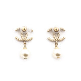 Chanel Gold Tone CC Faux Pearl Drop Earrings